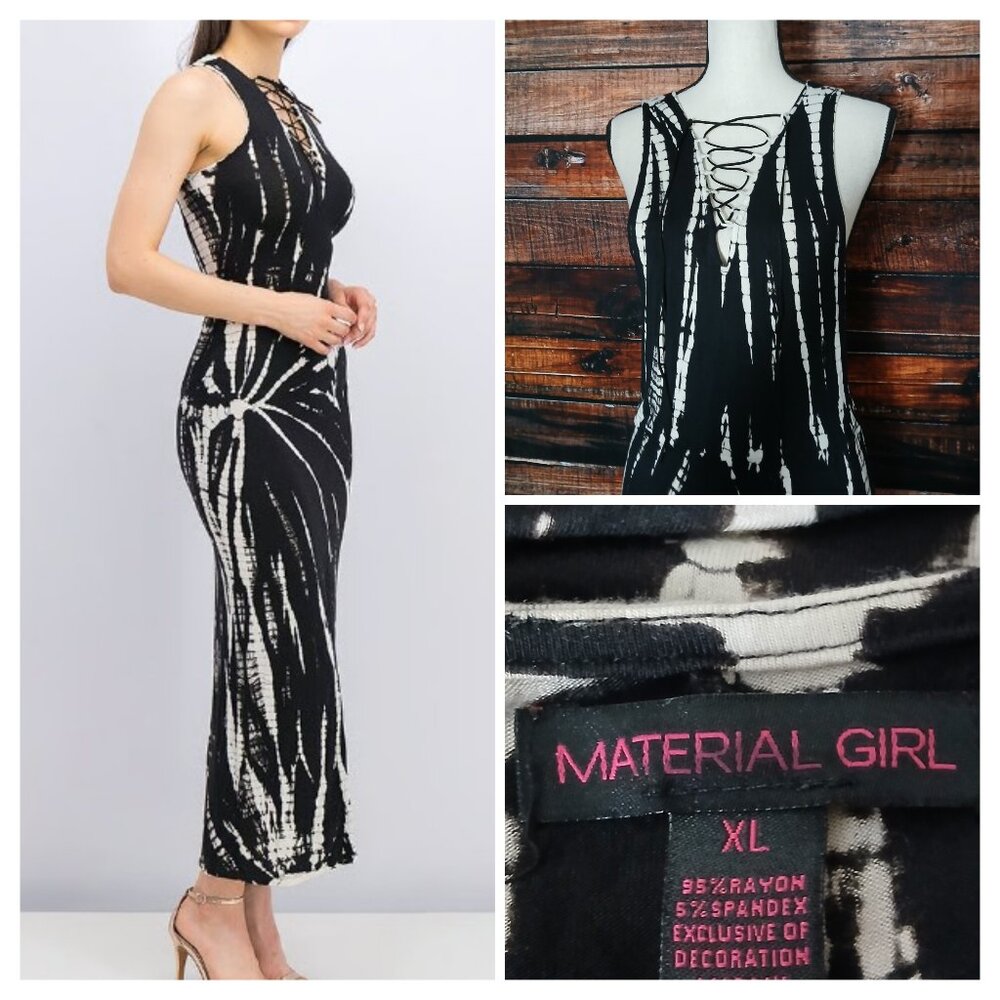 Material Girl Maxi Dress XL Black White Tie Dye Lace Up Cutout Slit Stretch